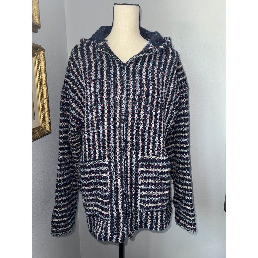 Vel-Mex Baja Hoodie Zip Front Navy Blue Red White Striped Mexican Jacket XL